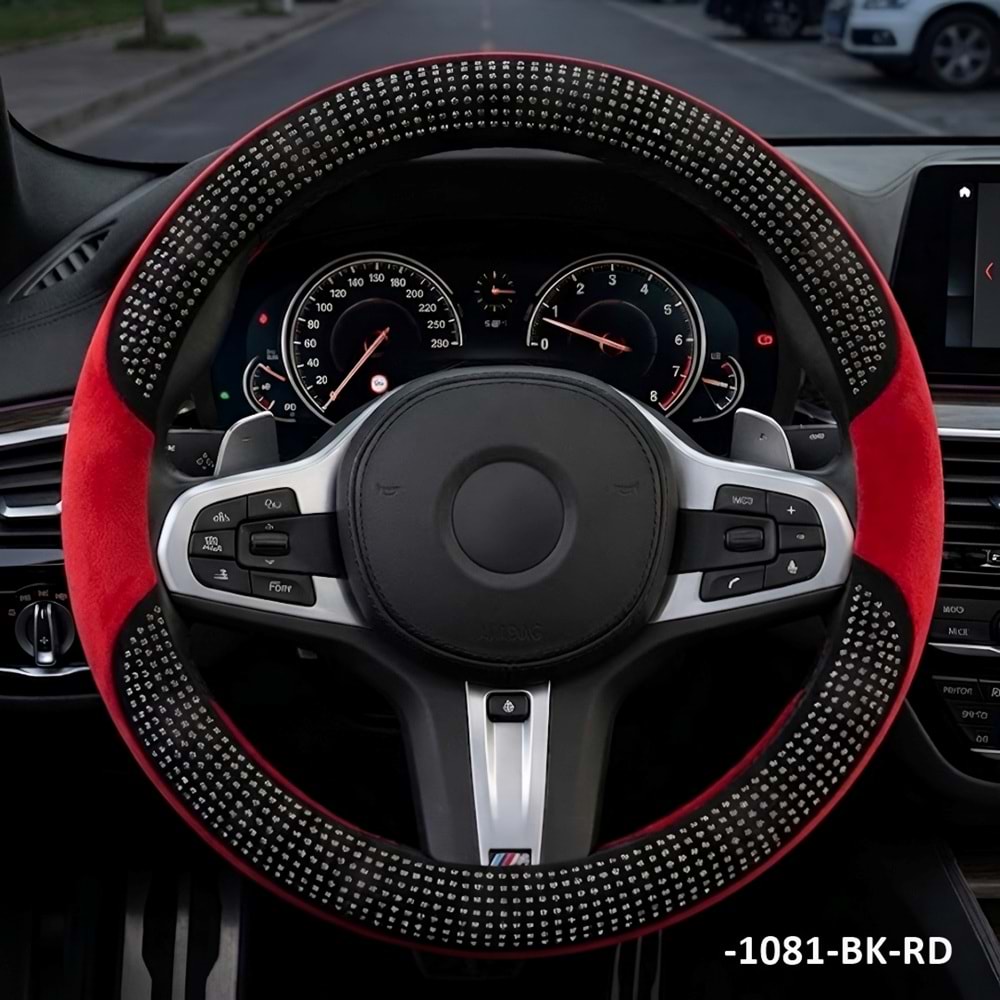 DİREKSİYON KILIFI GEÇME 37-38 CM. -1081-BK-RD PELUŞ KIRMIZI SİYAH TAŞLI
