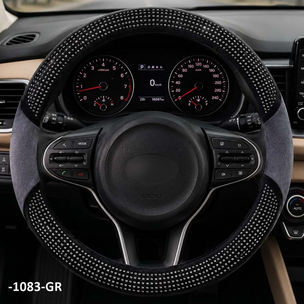 DİREKSİYON KILIFI GEÇME 37-38 CM. -1083-GR PELUŞ GRİ SİYAH TAŞLI