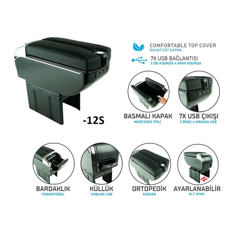 UNIVERSAL KOLÇAK ÇİFT AÇILIR -12S USB Lİ BARDAKLIK VE KÜLLÜK YERLİ SİYAH