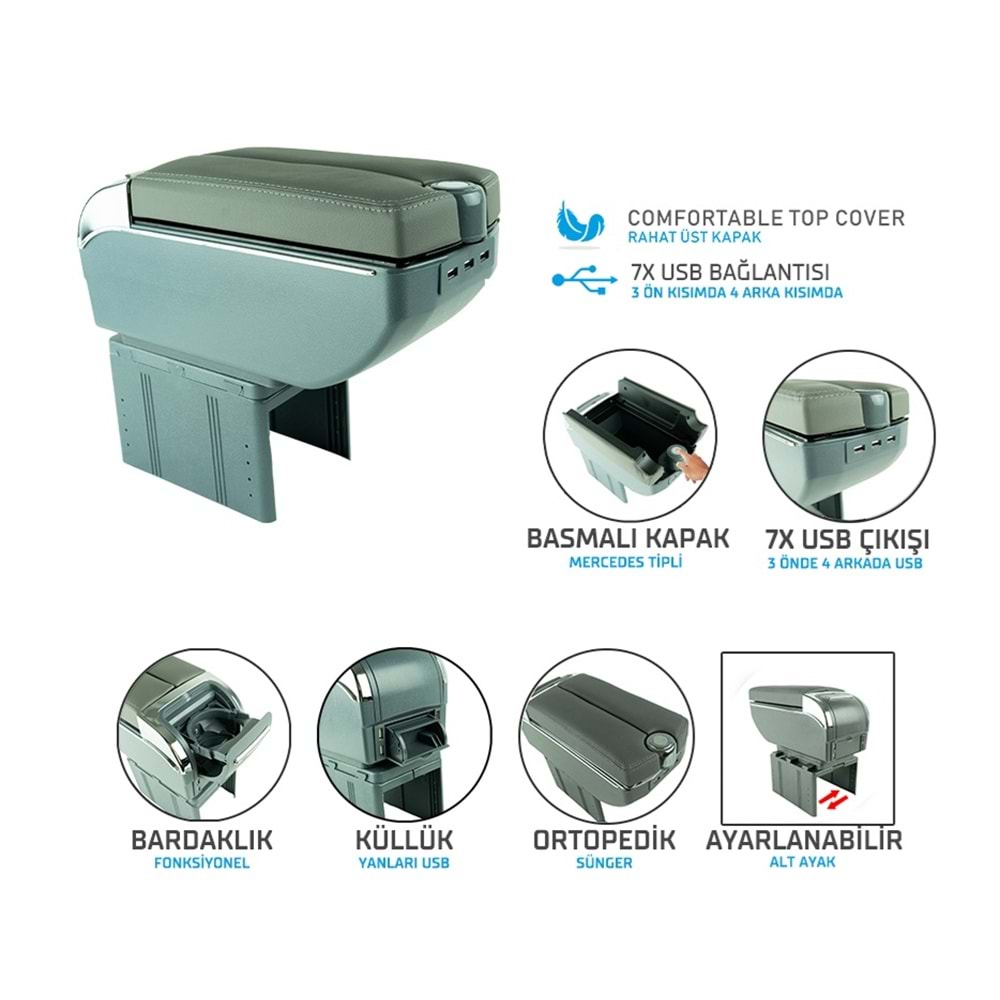 UNIVERSAL KOLÇAK ÇİFT AÇILIR -12G USB Lİ BARDAKLIK VE KÜLLÜK YERLİ GRİ