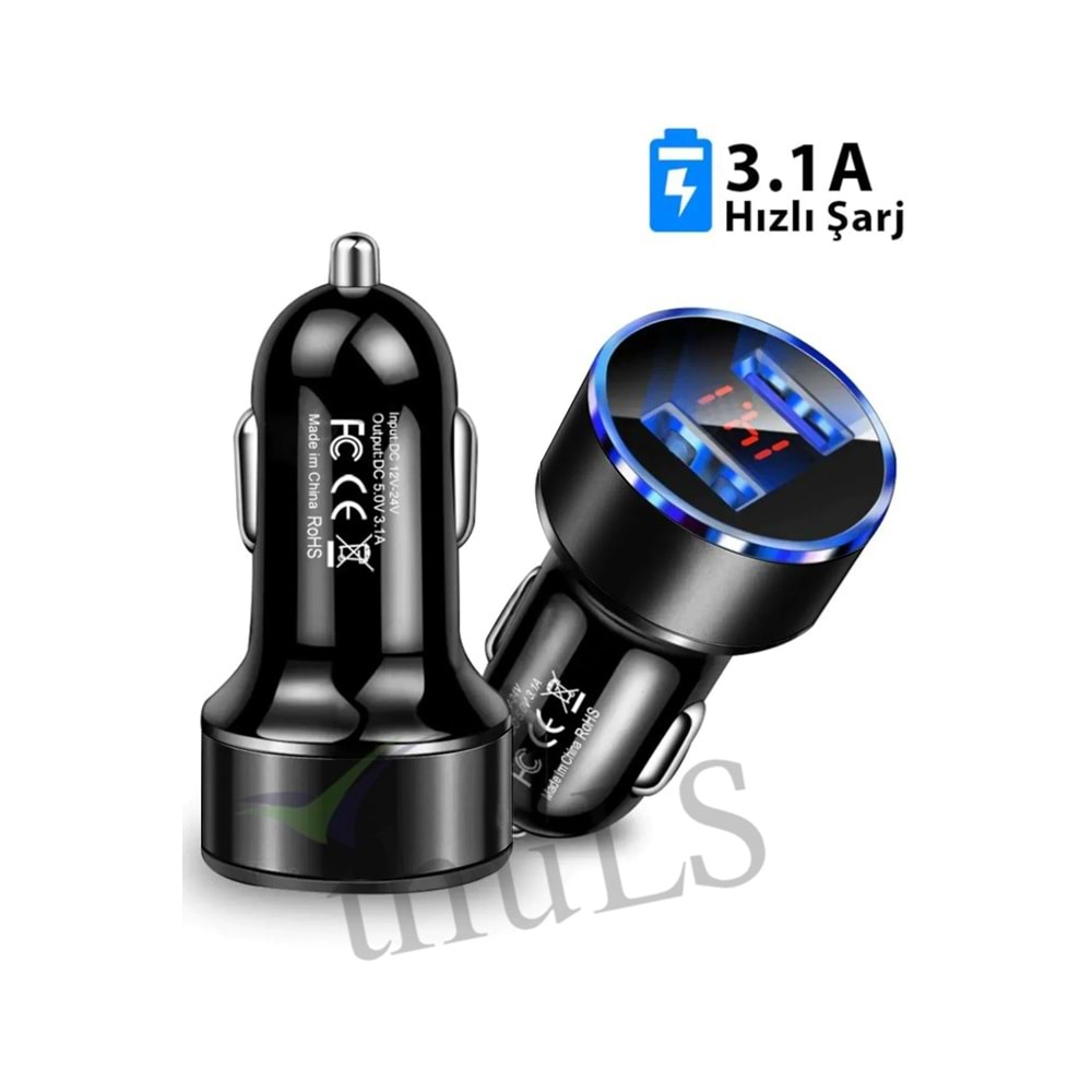 ÇAKMAKLIK HIZLI ŞARJ ALETİ 3.1A USB ÇİFT GİRİŞLİ LED EKRANLI
