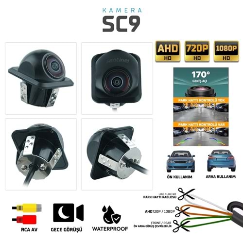 KAMERA SC9 GENİŞ AÇI AHD 720P VE 1080P ÖN ARKA GÖRÜŞ. ÇEVRİLEBİLİR PARK HATTI KONTROLÜ