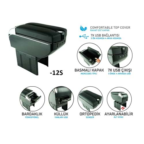 UNIVERSAL KOLÇAK ÇİFT AÇILIR -12S USB Lİ BARDAKLIK VE KÜLLÜK YERLİ SİYAH