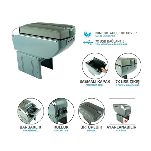 UNIVERSAL KOLÇAK ÇİFT AÇILIR -12G USB Lİ BARDAKLIK VE KÜLLÜK YERLİ GRİ