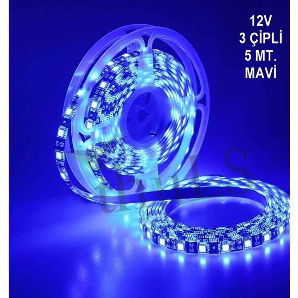 ŞERİT LED SİLİKONLU 12V 5 MT. 3 ÇİPLİ MAVİ